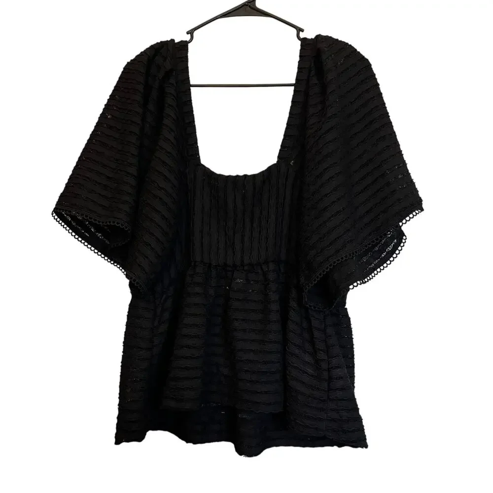 Anthropologie Sarah Hann Black Flutter-Sleeve Crochet Top Embroidered Babydoll L